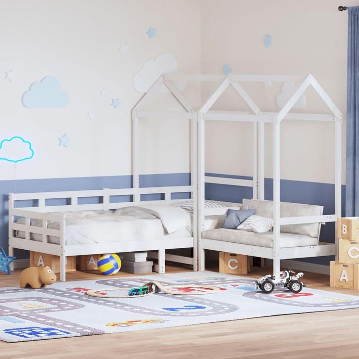 vidaXL Kinderbed met huisje en bankje massief grenenhout wit, Huis en Inrichting, Slaapkamer | Bedden, 80 cm, 200 cm, Wit, Eenpersoons