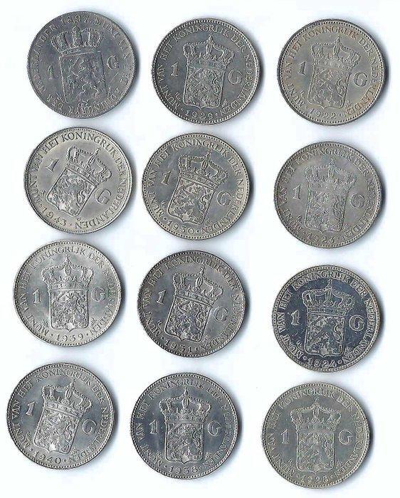 Nederland. Wilhelmina. 1 Gulden 1897/1943, 12 stuks (Zonder, Postzegels en Munten, Munten | Nederland