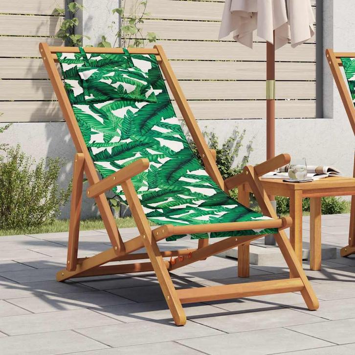 vidaXL Strandstoel inklapbaar bladpatroon eucalyptushout en, Tuin en Terras, Tuinstoelen, Nieuw, Hout, Verzenden