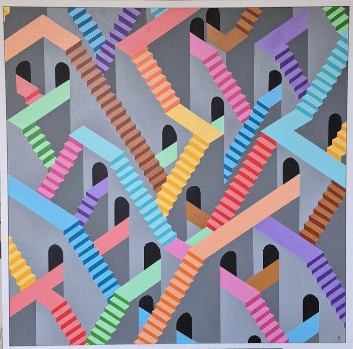 Franklin van Dam - No Way Out – kleurrijk abstract, Antiek en Kunst, Kunst | Schilderijen | Modern