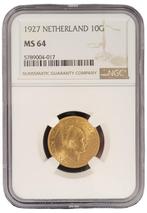 Gouden Wilhelmina 10 gulden 1927 MS64 NGC gecertificeerd, Goud, Losse munt, Verzenden