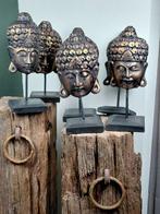 Beeld, 6 Grote houten Boeddha hoofden - op standaard - 36 cm