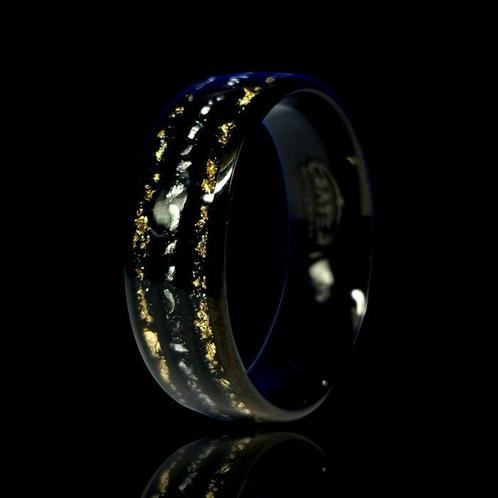 WOLFRAAM RING met METEORIET & GOUD INLAYS. Handgemaakt. Het, Verzamelen, Mineralen en Fossielen
