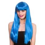Lange pruik met pony blauw, Verzenden, Nieuw, Feestartikel