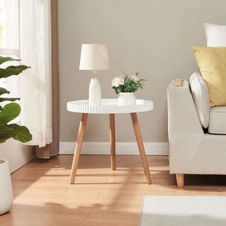 Bijzettafel Bongard rond 45xØ50 cm wit en naturel [en.casa], Huis en Inrichting, Tafels | Bijzettafels, Verzenden