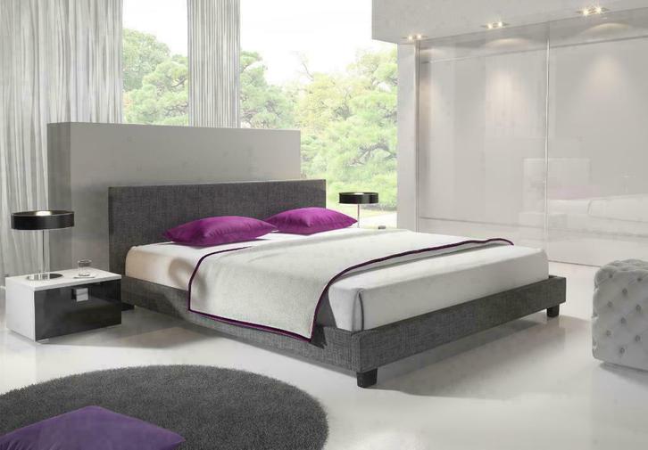 Tweepersoonsbed - Leer - Wit/Zwart/Grijs - 2 persoons bed, Huis en Inrichting, Slaapkamer | Bedden, 140 cm, 200 cm, Grijs, Tweepersoons