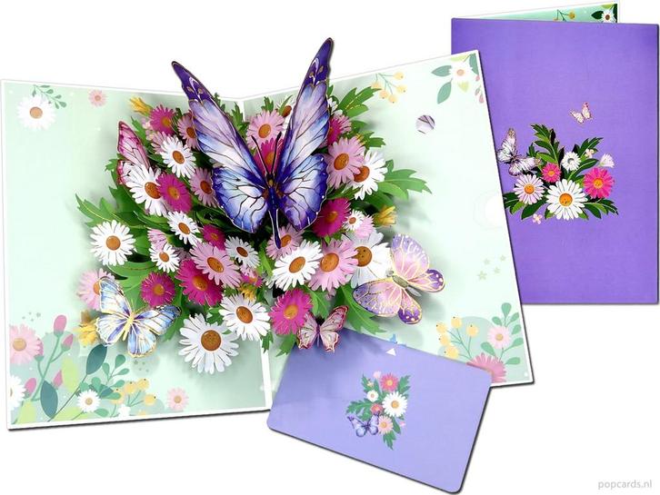 Vrolijke Margrieten met Prachtige Vlinders pop-up kaart, Diversen, Wenskaarten, Verzenden