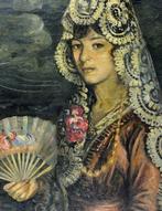 Escuela Española (XIX) - Retrato de dama con mantilla y, Antiek en Kunst