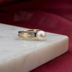 Vintage bicolor gouden ring met parel en diamant | 0,12 ct., Gebruikt, Overige kleuren, Ophalen of Verzenden, Kleiner dan 17