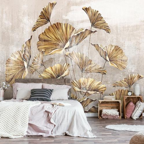 Gouden bladeren op oude muur fotobehang, Fotobehang4you, Huis en Inrichting, Stoffering | Behang, Verzenden