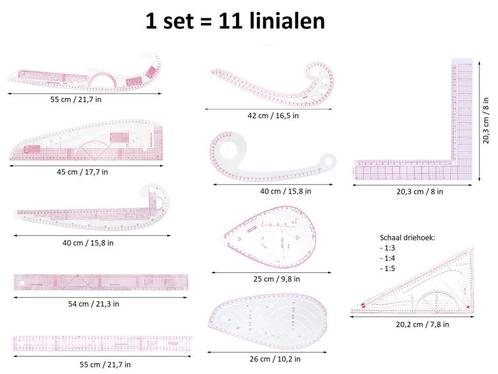 Coupeuselinialen, set=11 stuks, dun, transparant, flexibel, Boeken, Hobby en Vrije tijd, Geschikt voor kinderen, Borduren en Naaien