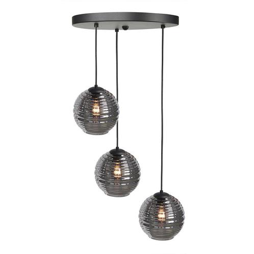 Hanglamp Smoke 3 voudig Glazen lampenkap bol 20cm Globe, Huis en Inrichting, Lampen | Hanglampen, Metaal, Minder dan 50 cm, Ophalen of Verzenden