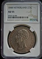 Koning Willem II 2 1/2 gulden 1848 AU55 NGC gecertificeerd, Postzegels en Munten, Munten | Nederland, Zilver, Losse munt, Verzenden