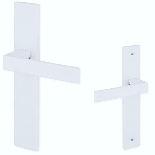 Nieuw: witte deurklinken op schild, mat witte deurklink, Doe-het-zelf en Verbouw, Hang- en Sluitwerk, Klink of Kruk, Nieuw, Overige materialen