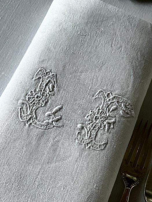 6 vroege 20e-eeuwse damast linnen servetten met initialen, Antiek en Kunst, Antiek | Kleden en Textiel