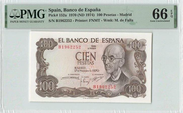 1970 Spain P 152a 100 Pesetas Pmg 66 Epq, Postzegels en Munten, Bankbiljetten | Europa | Niet-Eurobiljetten, Verzenden