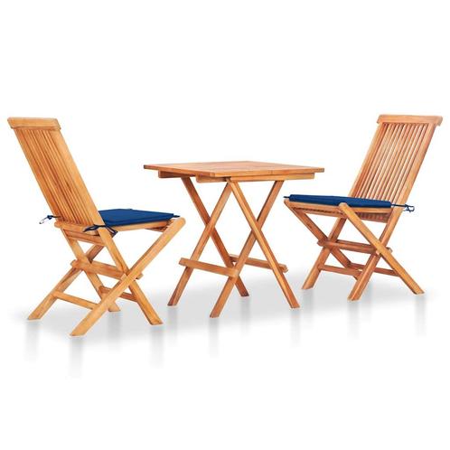 vidaXL 3-delige Bistroset met koningsblauwe kussens massief, Tuin en Terras, Tuinsets en Loungesets, Nieuw, 3 zitplaatsen, Teakhout