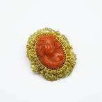 Broche - 14 karaat Geel goud Bloedkoraal, Sieraden, Tassen en Uiterlijk, Antieke sieraden