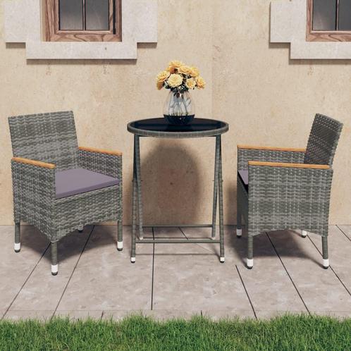 vidaXL 3-delige Bistroset poly rattan en gehard glas grijs, Tuin en Terras, Tuinsets en Loungesets, Nieuw, Rotan, Verzenden