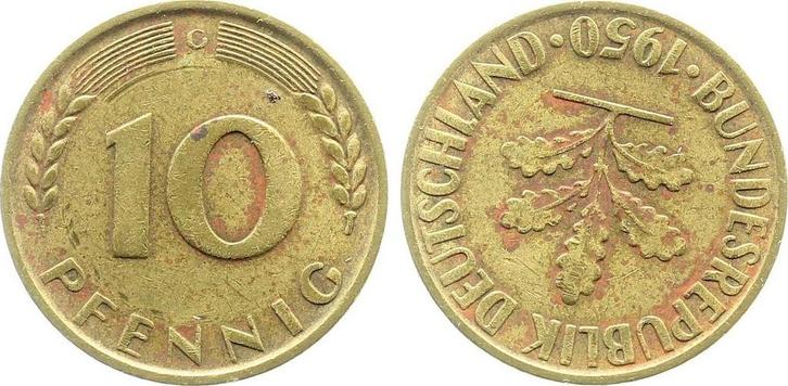 Duitsland Fehlpraegung 10 Pfennig 1950 G Stempeldrehung 180, Postzegels en Munten, Munten | Europa | Niet-Euromunten, Verzenden