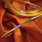 Gouden lange smalle broche met smaragd en diamant, Goud, Met edelsteen, Gebruikt, Ophalen of Verzenden