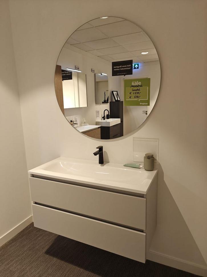 Badmeubel 100cm met zwarte kraan en ronde spiegel - 0028, Huis en Inrichting, Badkamer | Badkamermeubels, Wastafelkast, Nieuw