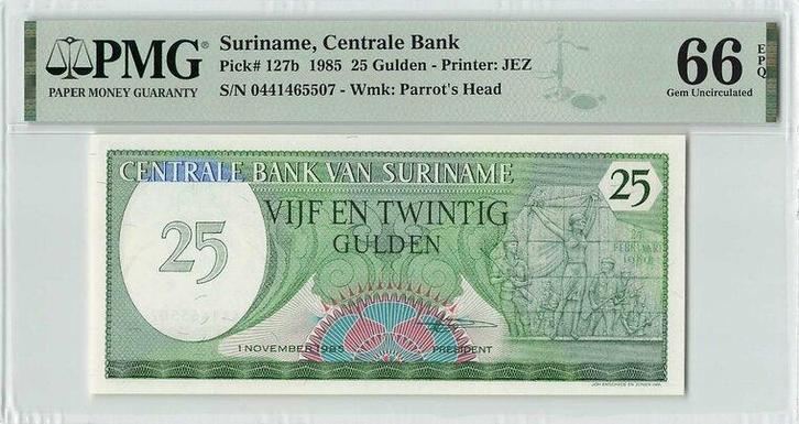 1985 Suriname P 127b 25 Gulden Pmg 66 Epq, Postzegels en Munten, Bankbiljetten | Europa | Niet-Eurobiljetten, Verzenden