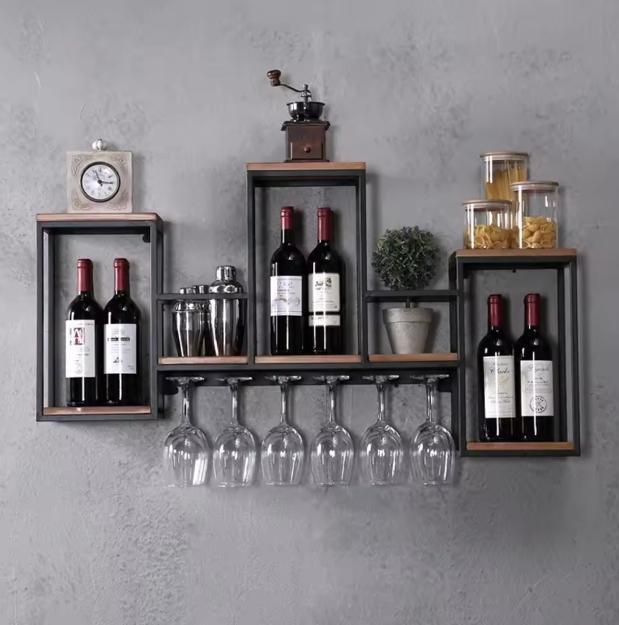 Vintage Wandwijnrek Hout en Metaal– Wijnrek en Glashouder 10, Huis en Inrichting, Woonaccessoires | Wijnrekken, Nieuw, Verzenden