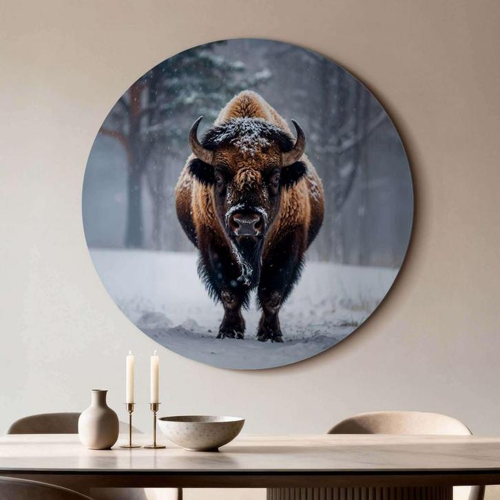 Bizon in de sneeuw - Muurcirkel - ø 100 cm +Ophangset, Huis en Inrichting, Woonaccessoires | Schilderijen, Tekeningen en Foto's
