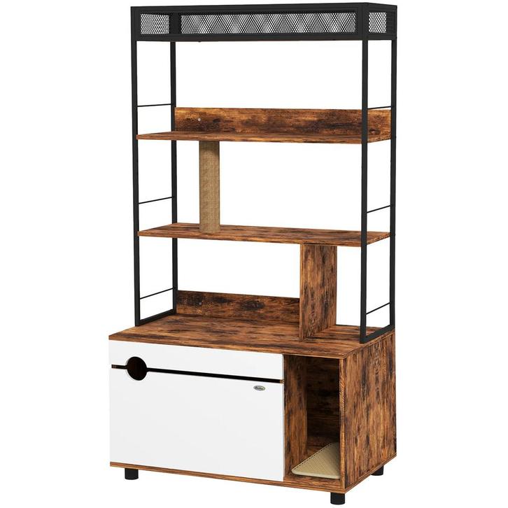 2-in-1 Kattenbak Kast, Kattenbak Met 3-Laags Plank, Krabpaal, Dieren en Toebehoren, Konijnen