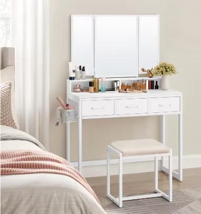 Make-uptafel met 3-lade, Inklapbare Spiegel en Kruk, Huis en Inrichting, Tafels | Kaptafels, Nieuw, Verzenden