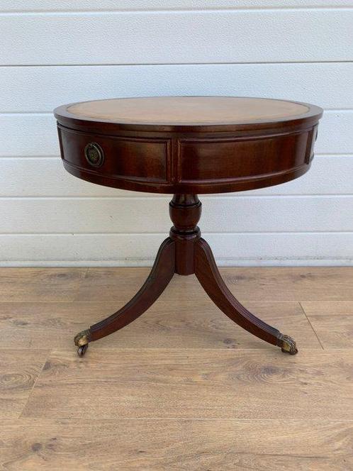 Bijzettafel - Leder, Mahonie, Messing - Drum table, Antiek en Kunst, Curiosa en Brocante