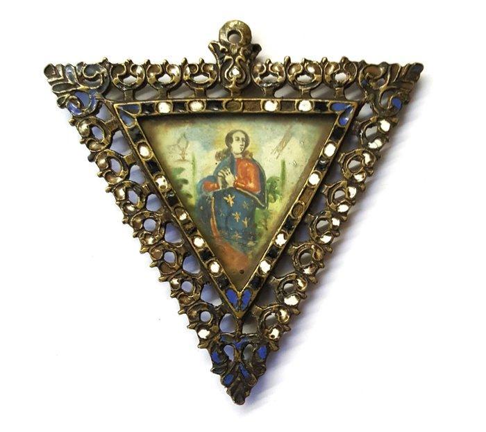 Brons, Verguld, miniatuurschildering; emaille - Encolpion -, Antiek en Kunst, Antiek | Overige Antiek