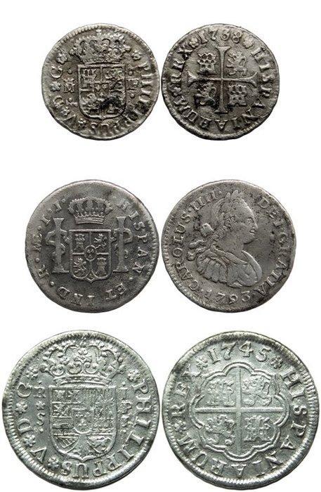 Spanje. Felipe V y Carlos III. Lote de 3 monedas de plata., Postzegels en Munten, Munten | Europa | Niet-Euromunten
