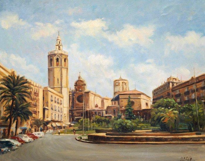 Escuela valenciana (XX) - Vista urbana de Valencia — Plaza, Antiek en Kunst, Kunst | Schilderijen | Klassiek