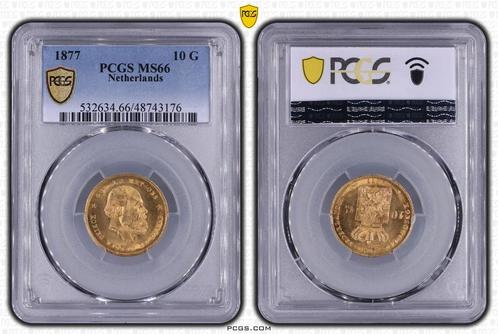 Gouden Willem III 10 gulden 1877 MS66 PCGS gecertificeerd, Postzegels en Munten, Munten | Nederland, Losse munt, 10 gulden, Koning Willem III