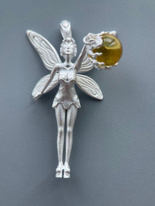 Amber - Barnsteen - Elf and Amber, S925 Silver Pendant, Antiek en Kunst, Curiosa en Brocante