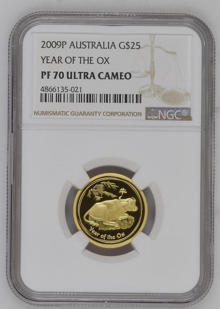 Gouden Lunar II - 1/4 oz 2009 Year of the Ox PF70UCAM NGC, Postzegels en Munten, Munten | Oceanië, Losse munt, Goud, Verzenden