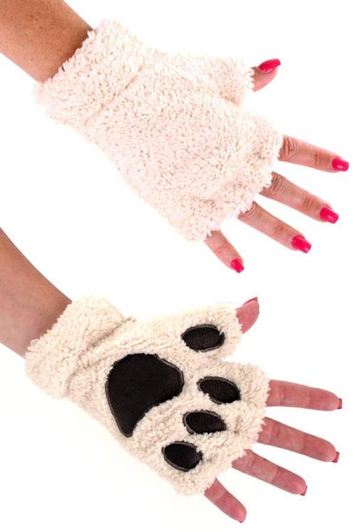 Dierenpoot Vingerloze Handschoenen Beige Wit Pluche Vingerlo, Hobby en Vrije tijd, Feestartikelen, Carnaval, Feestartikel, Nieuw