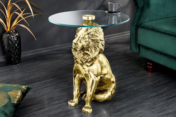 Ronde bijzettafel WILDLIFE LION 60cm Goud Antiek Metaal Glas, Huis en Inrichting, Tafels | Sidetables, Ophalen of Verzenden