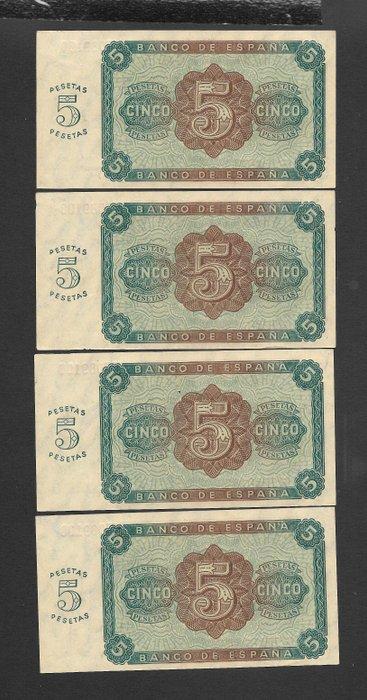 Spanje. - 4 X 5 Pesetas 1938 Burgos - Consecutives, Postzegels en Munten, Munten | Nederland