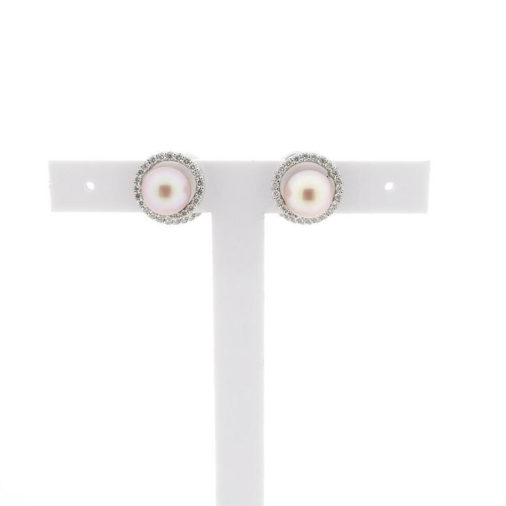 Witgouden oorstekers met Tahiti parel en diamanten; ca. 0..., Sieraden, Tassen en Uiterlijk, Oorbellen, Overige kleuren, Gebruikt