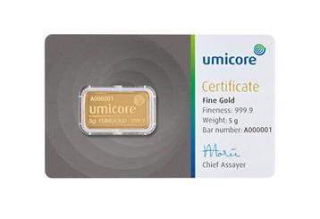 Umicore Goudbaar 5 gram met certificaat | Goudonline beschikbaar voor biedingen