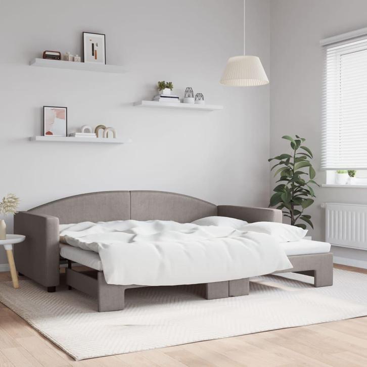 vidaXL Slaapbank met onderschuifbed 90x200 cm stof taupe, Huis en Inrichting, Slaapkamer | Bedden, 90 cm, 200 cm, Eenpersoons