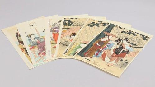 Ukiyo-e Reprint Triptychs – Taking Shelter Beneath a Large, Antiek en Kunst, Antiek | Overige Antiek
