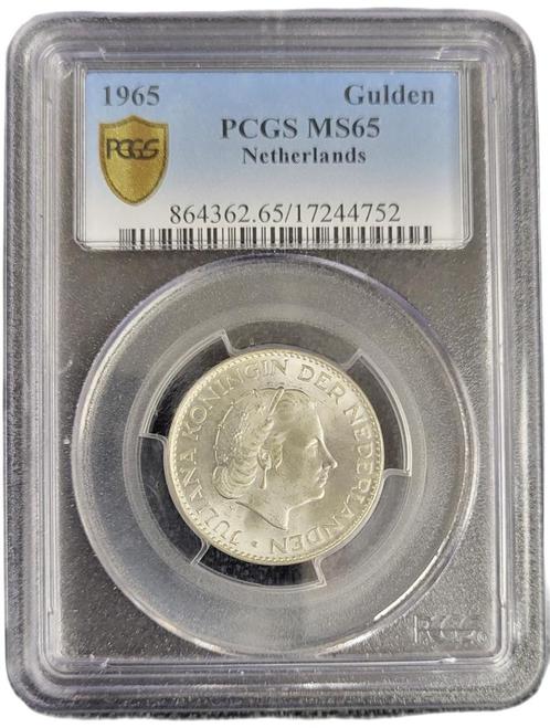 Koningin Juliana zilveren 1 gulden 1965 MS65 PCGS, Postzegels en Munten, Munten | Nederland, Losse munt, Zilver, Verzenden