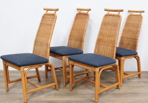 stoelen 4 stuks riet rotan hout stoffen zitting, Huis en Inrichting, Stoelen, Vier, Blauw, Gebruikt, Hout, Stof, Ophalen of Verzenden