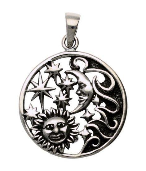Zilveren Zon, maan en sterren rond kettinghanger, Sieraden, Tassen en Uiterlijk, Kettinghangers, Verzenden