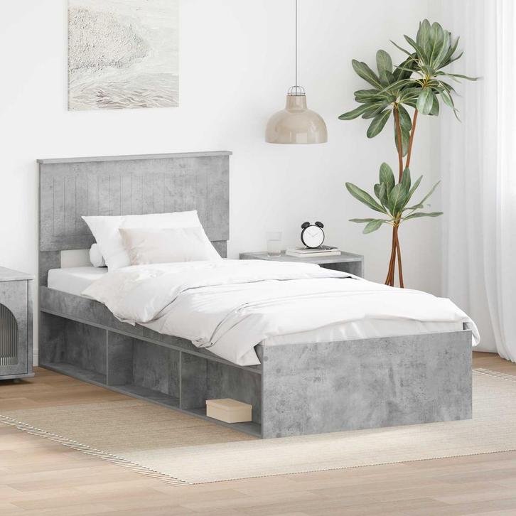vidaXL Bedframe met hoofdeinde Beton 90 x 200 cm Massief, Huis en Inrichting, Slaapkamer | Bedden, Grijs, Nieuw, Hout, Verzenden