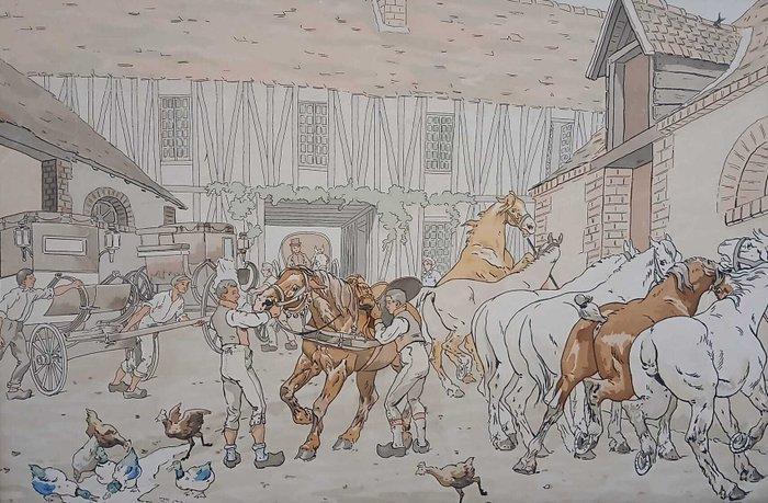 Franse school (XIX) - La salida de los caballos - NO RESERVE, Antiek en Kunst, Kunst | Schilderijen | Klassiek